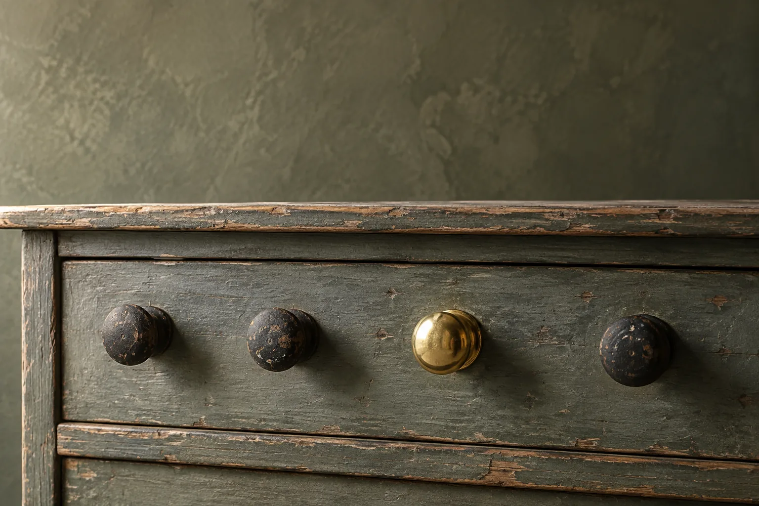 An old drawer front with one new brass knob among worn iron ones