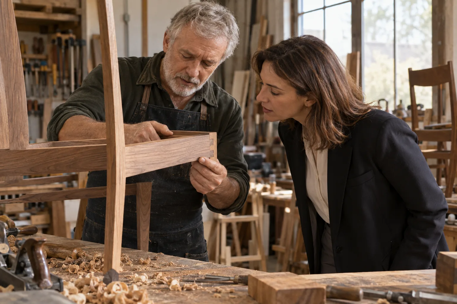A furniture maker shows a buyer a joint in his workshop
