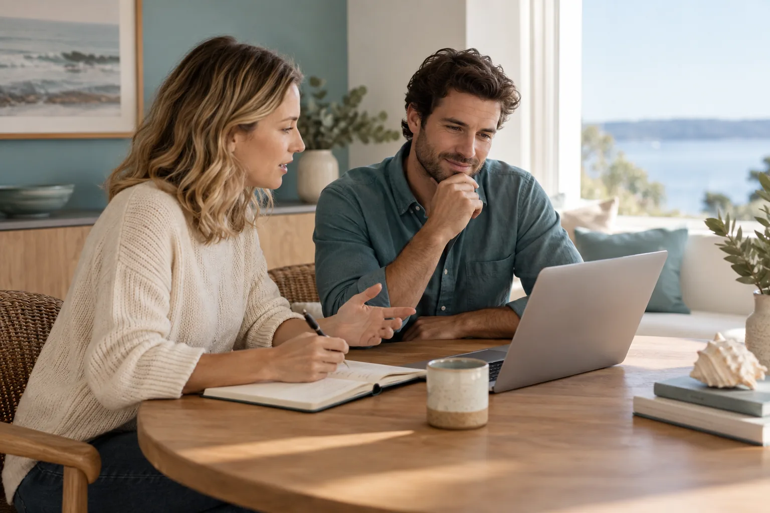 Two colleagues review notes from a call at a laptop