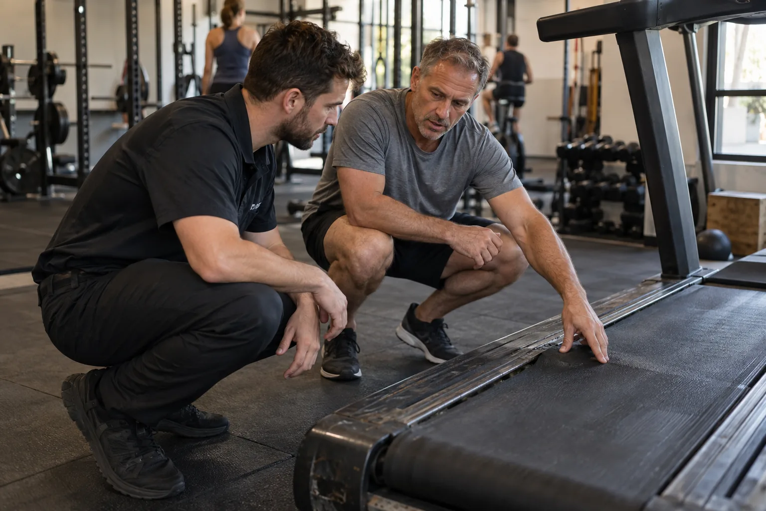 An equipment rep and a gym owner inspect a worn treadmill belt together