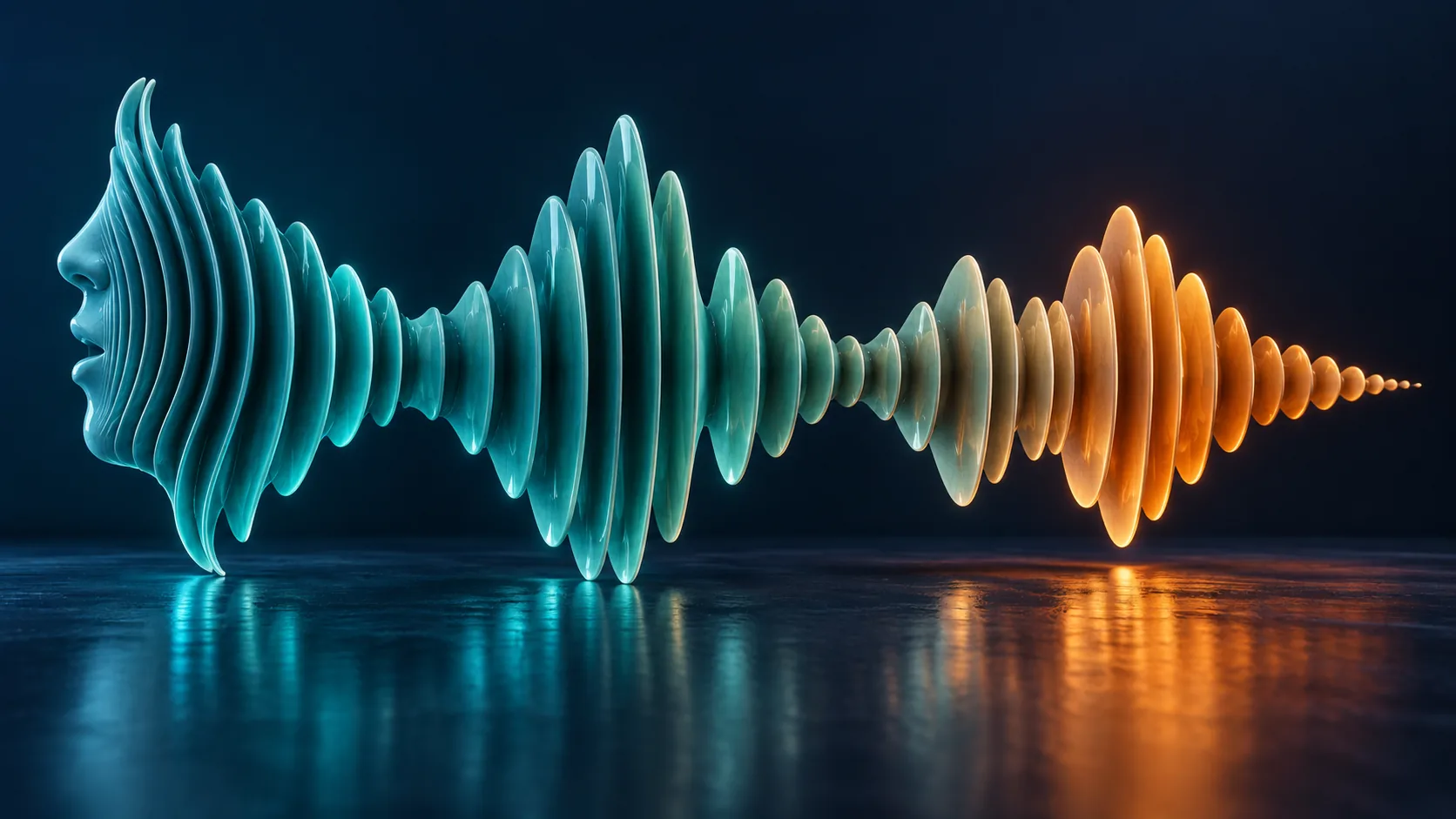 A glowing teal and orange sound wave over a dark reflective floor