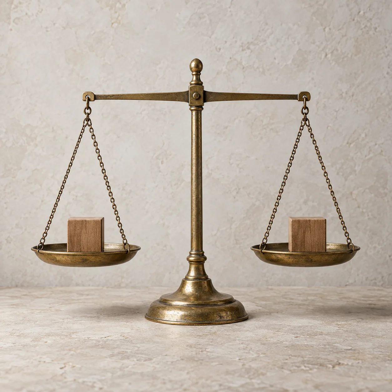 A level brass balance with one wooden block on each pan