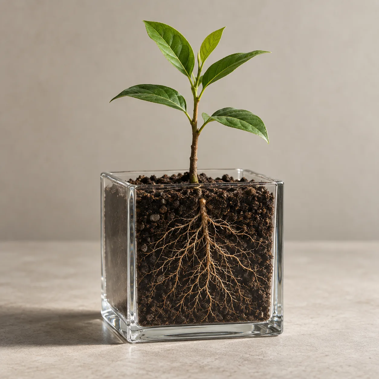 A seedling in a glass cube of soil with its roots visible