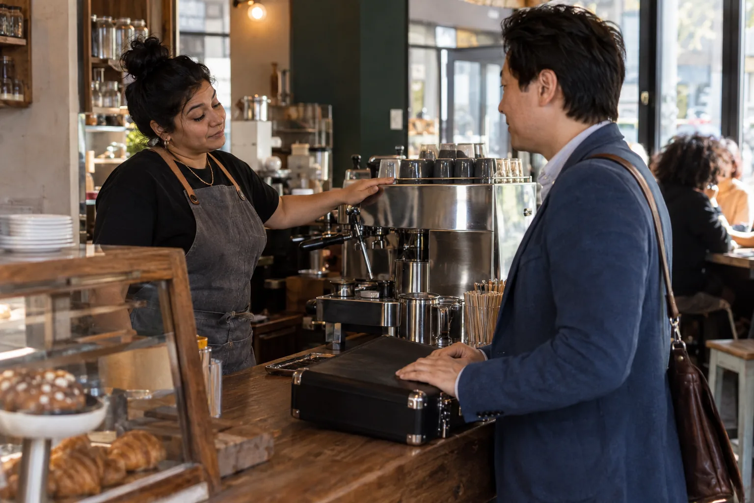 A café owner points to her espresso machine while a rep waits at the counter