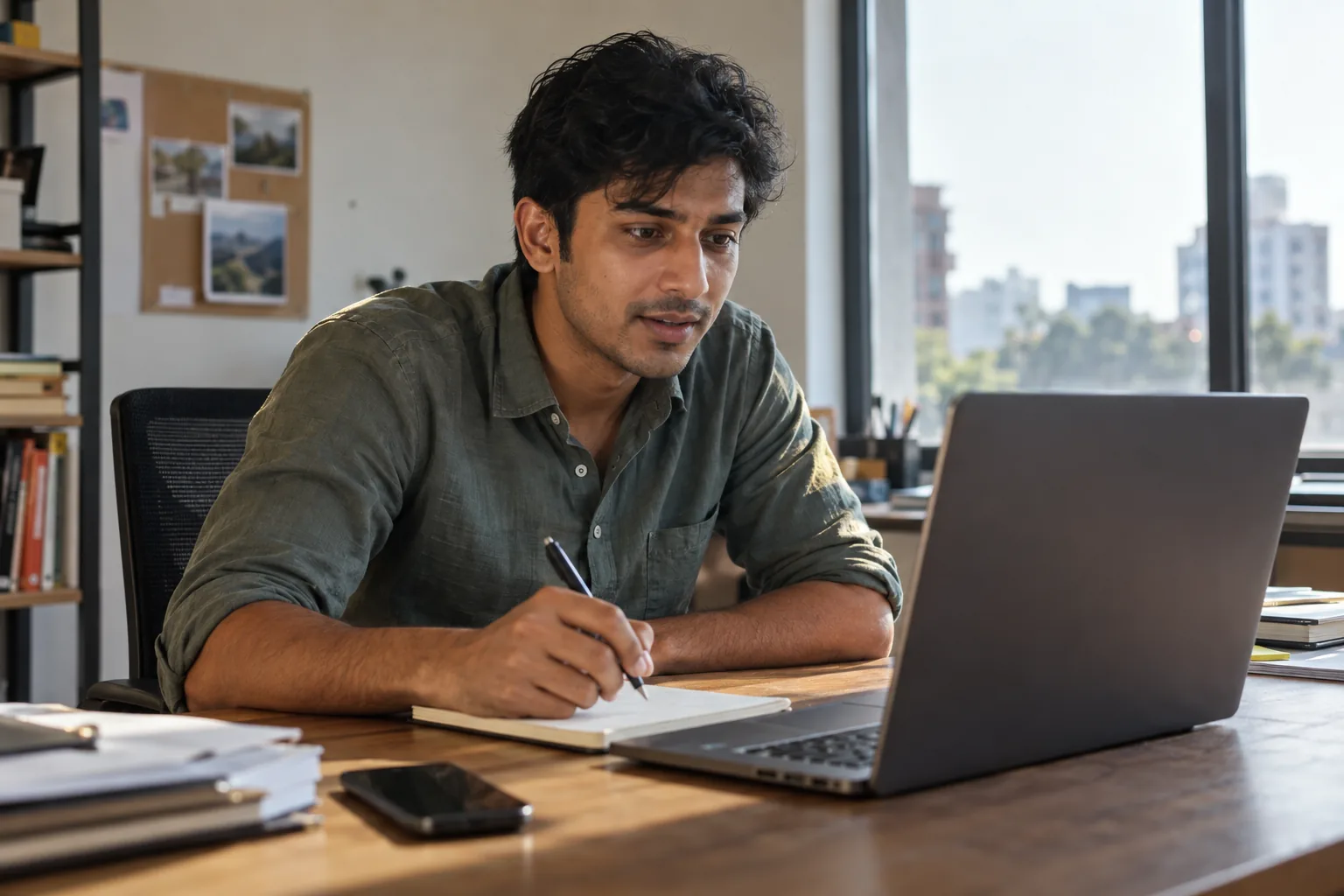 A young founder on a video call leans forward with a pen ready