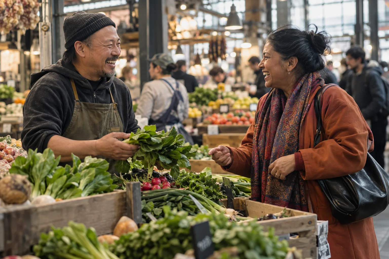 A market trader and a buyer laugh together over a crate of greens