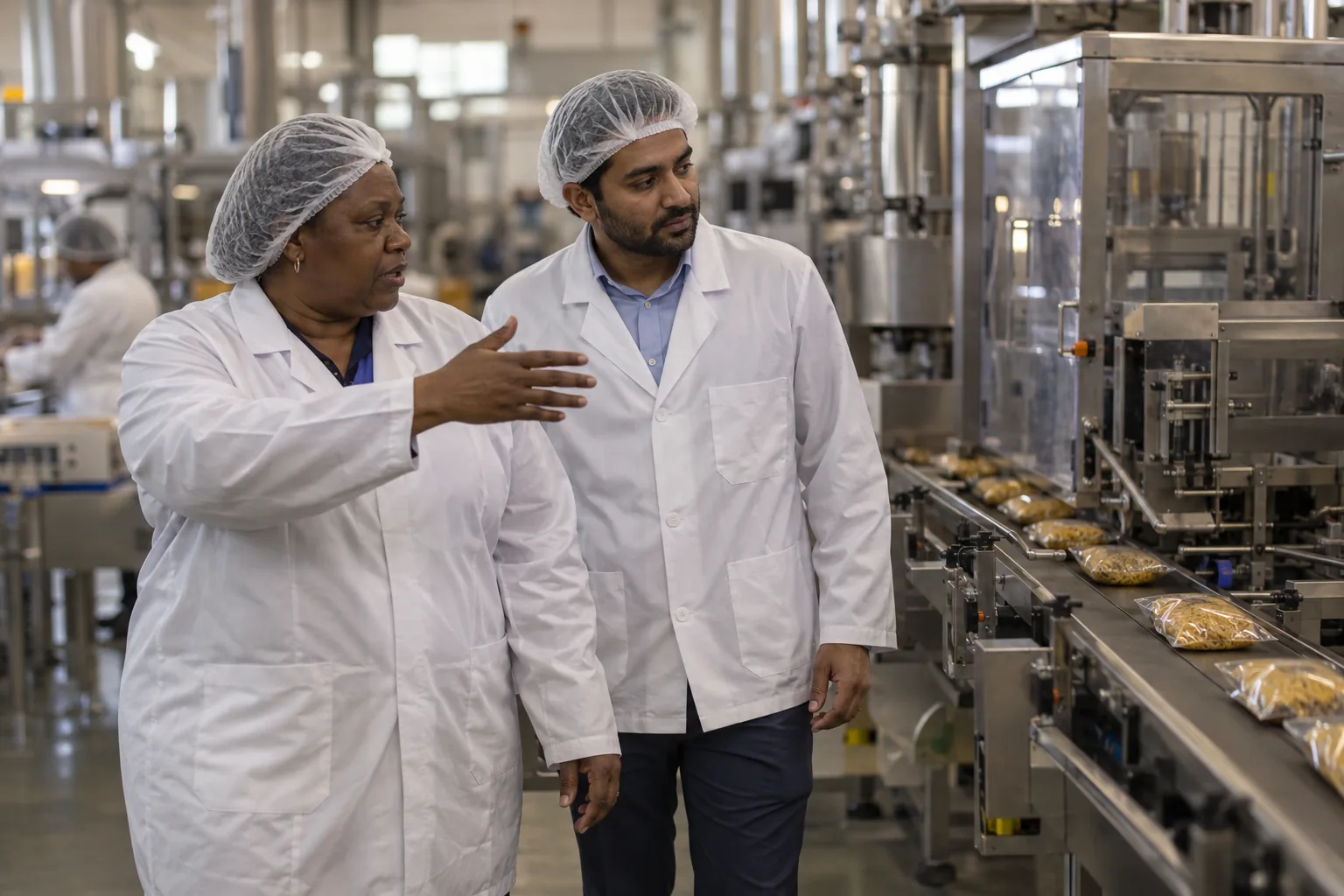 A plant manager walks a rep along a packaging line