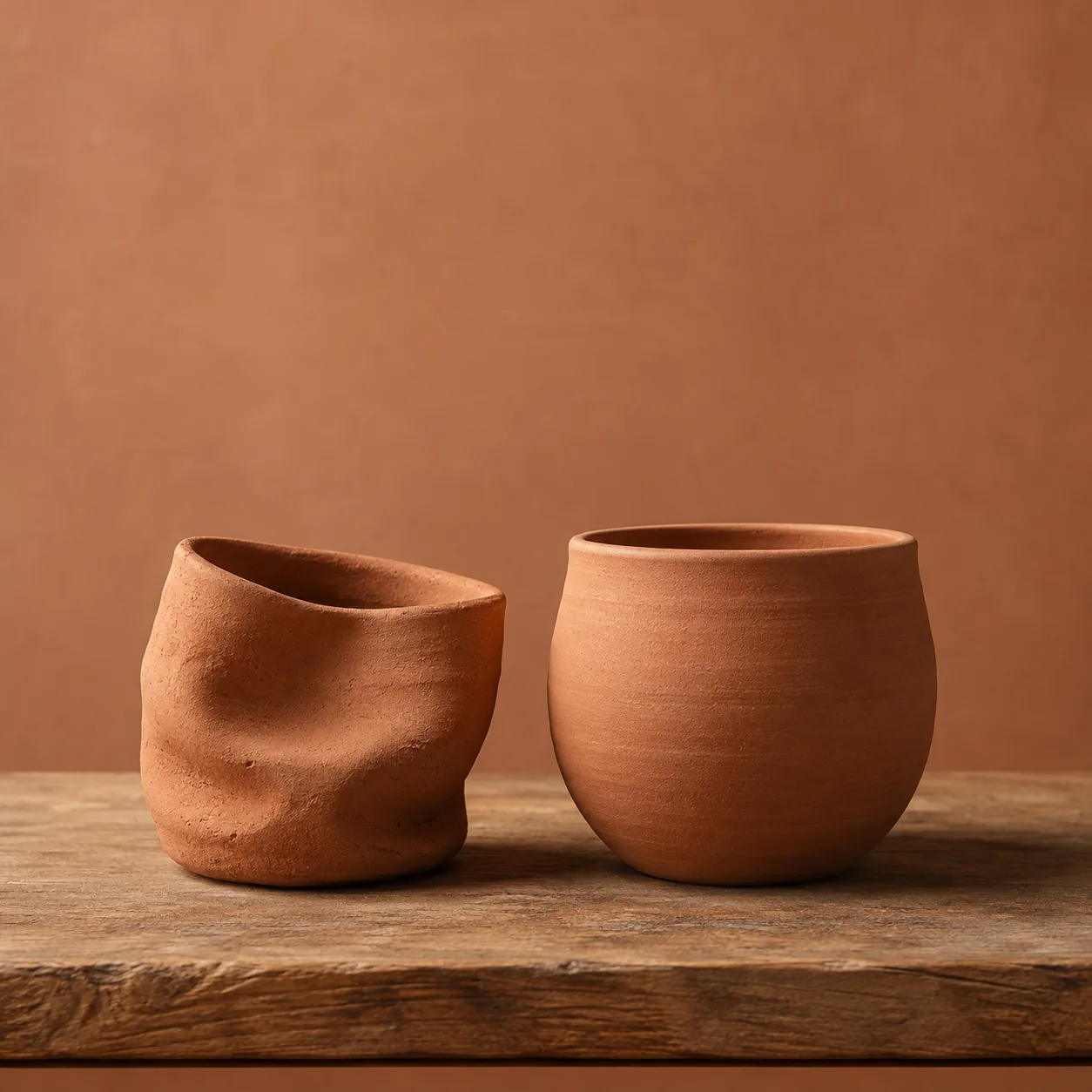 A lopsided clay pot beside a clean, even second attempt