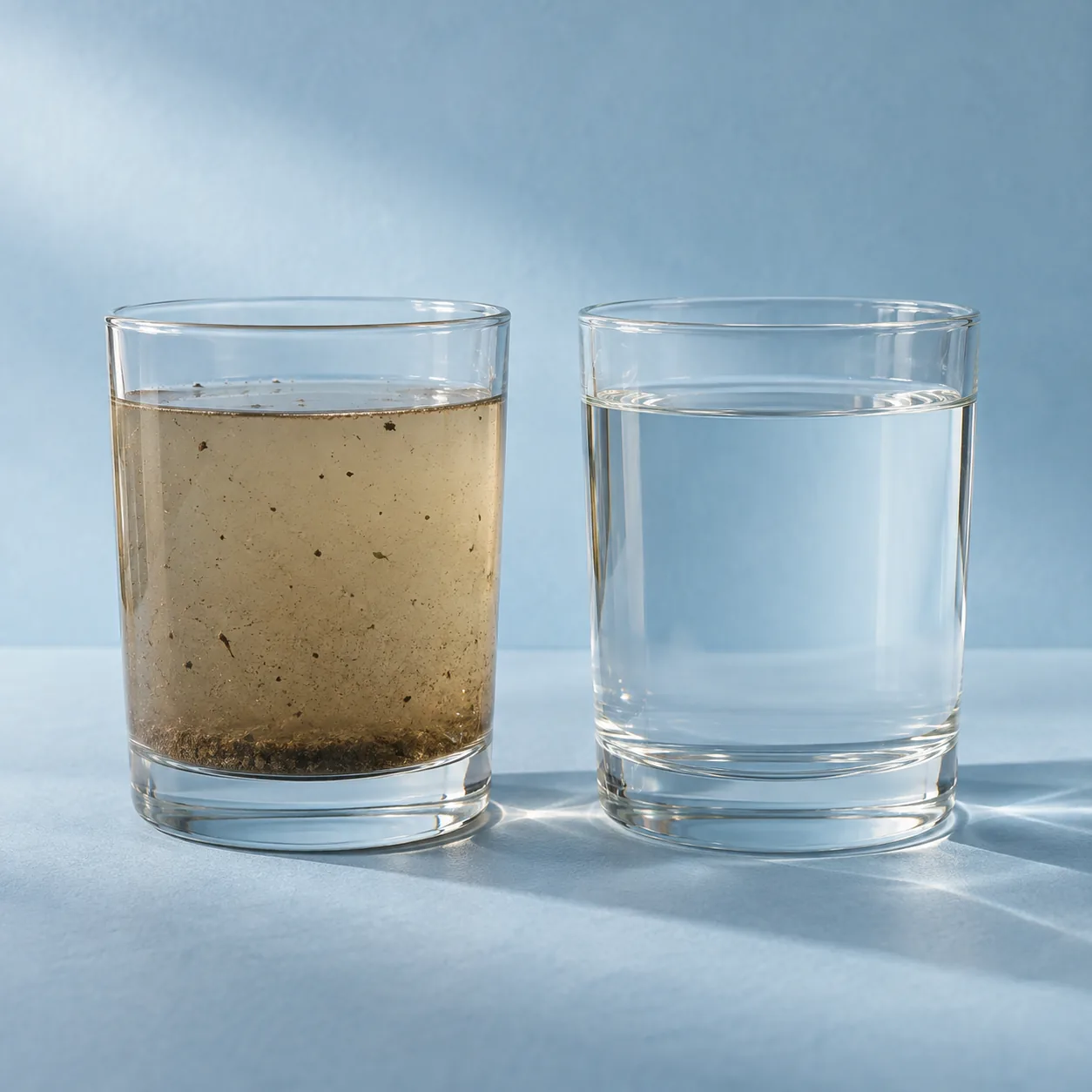 A glass of murky water beside a glass of clear water
