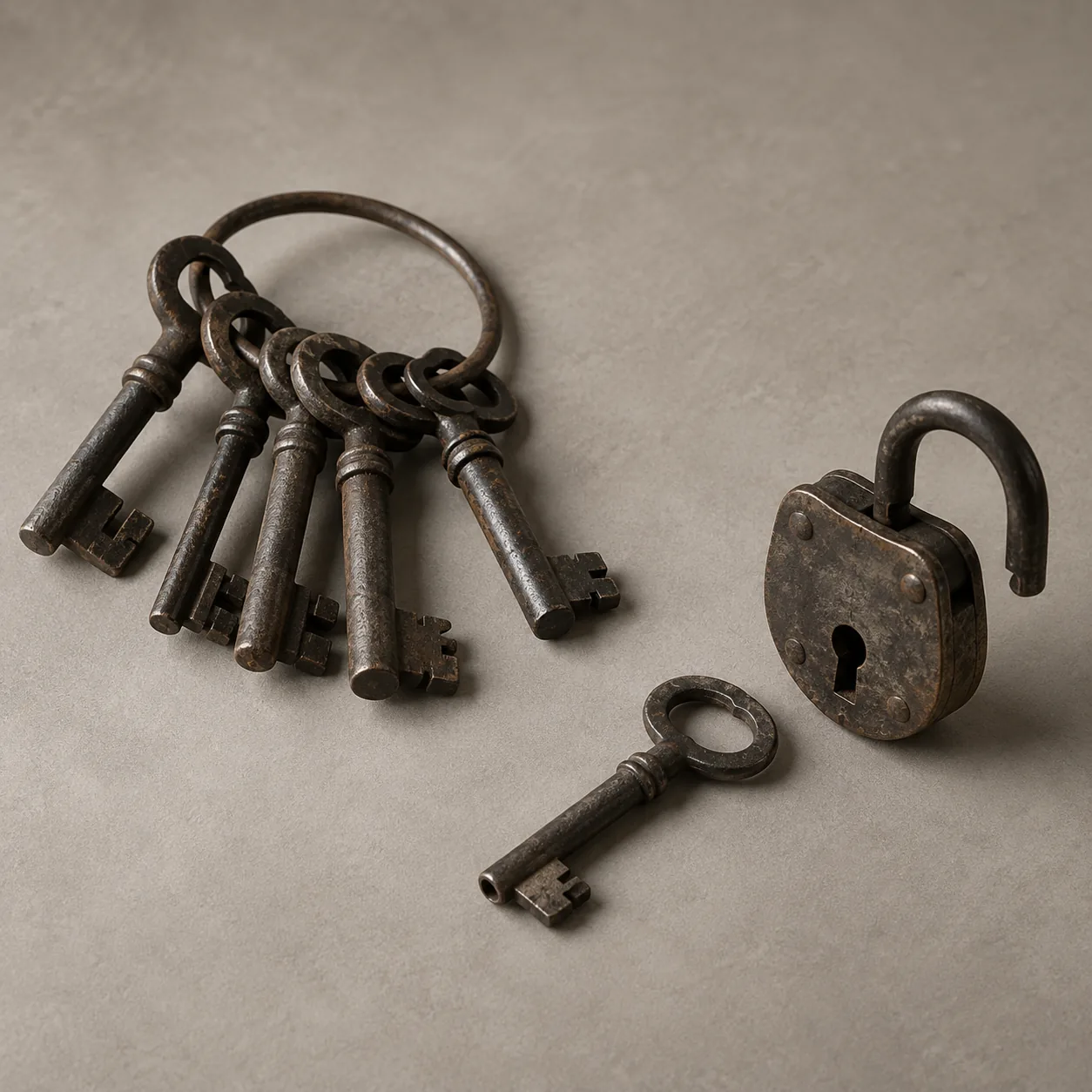 One key set apart from a ring of old keys, next to an open padlock
