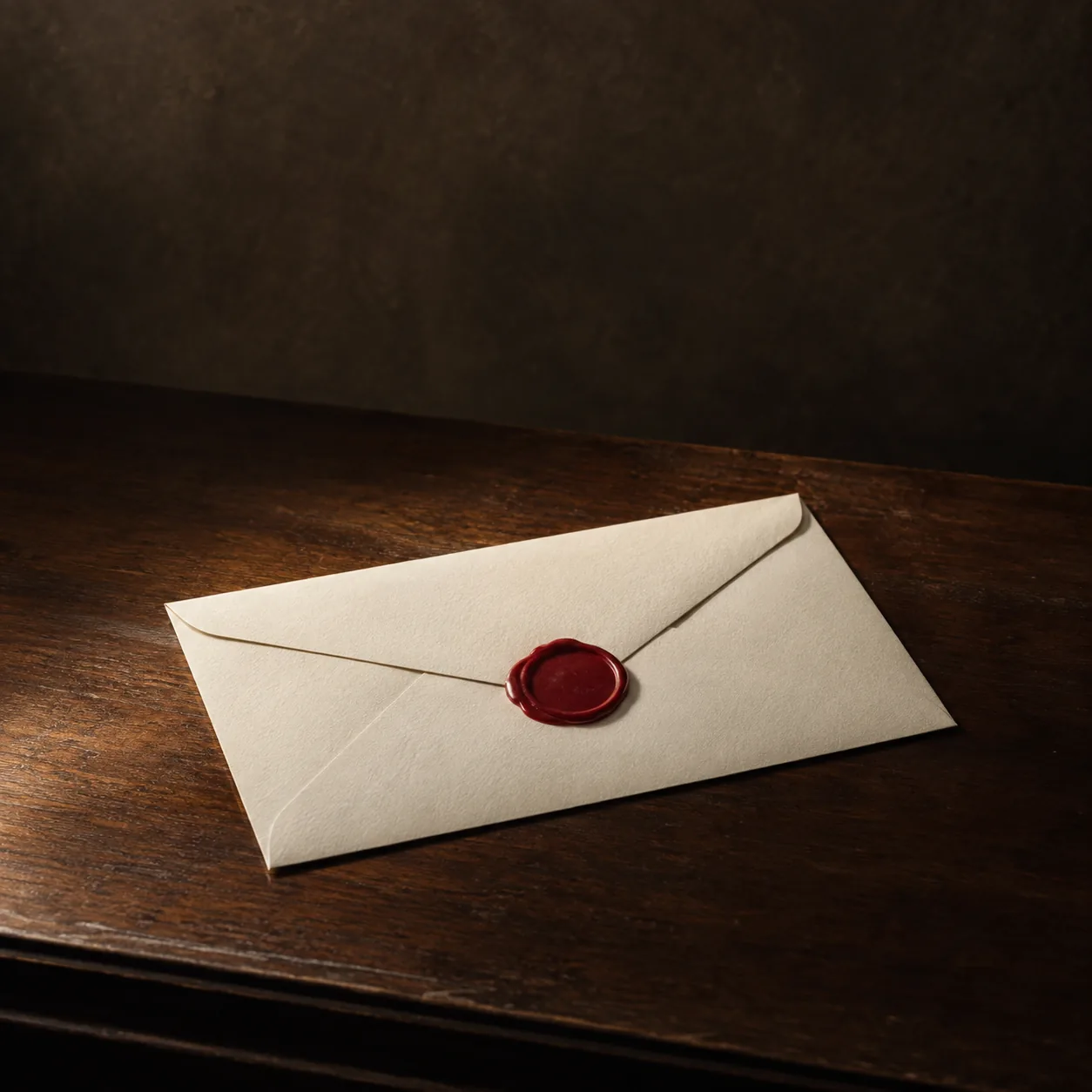 An envelope sealed with red wax on a dark desk