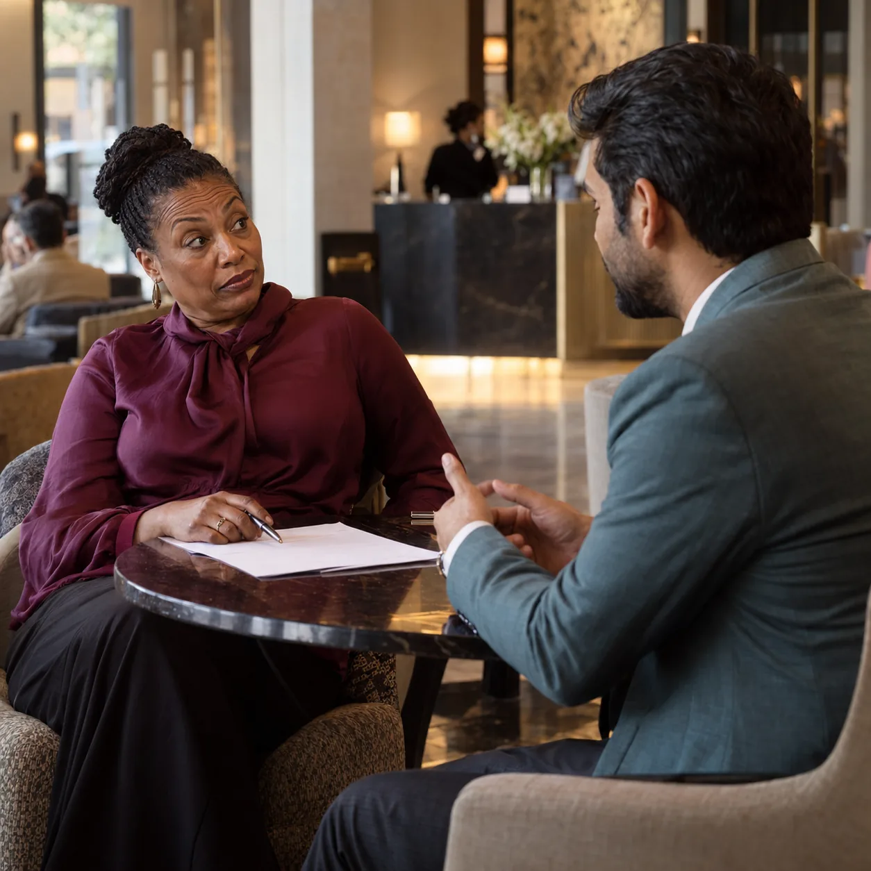 A hotel owner raises her eyebrows at a quote while a rep stays calm