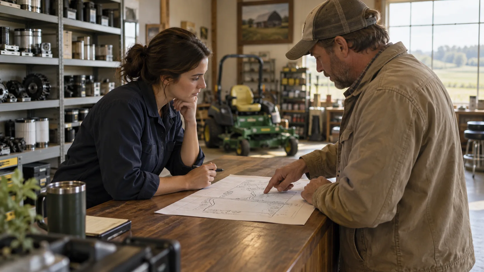 An equipment specialist listening to a customer over a property sketch in a rural showroom