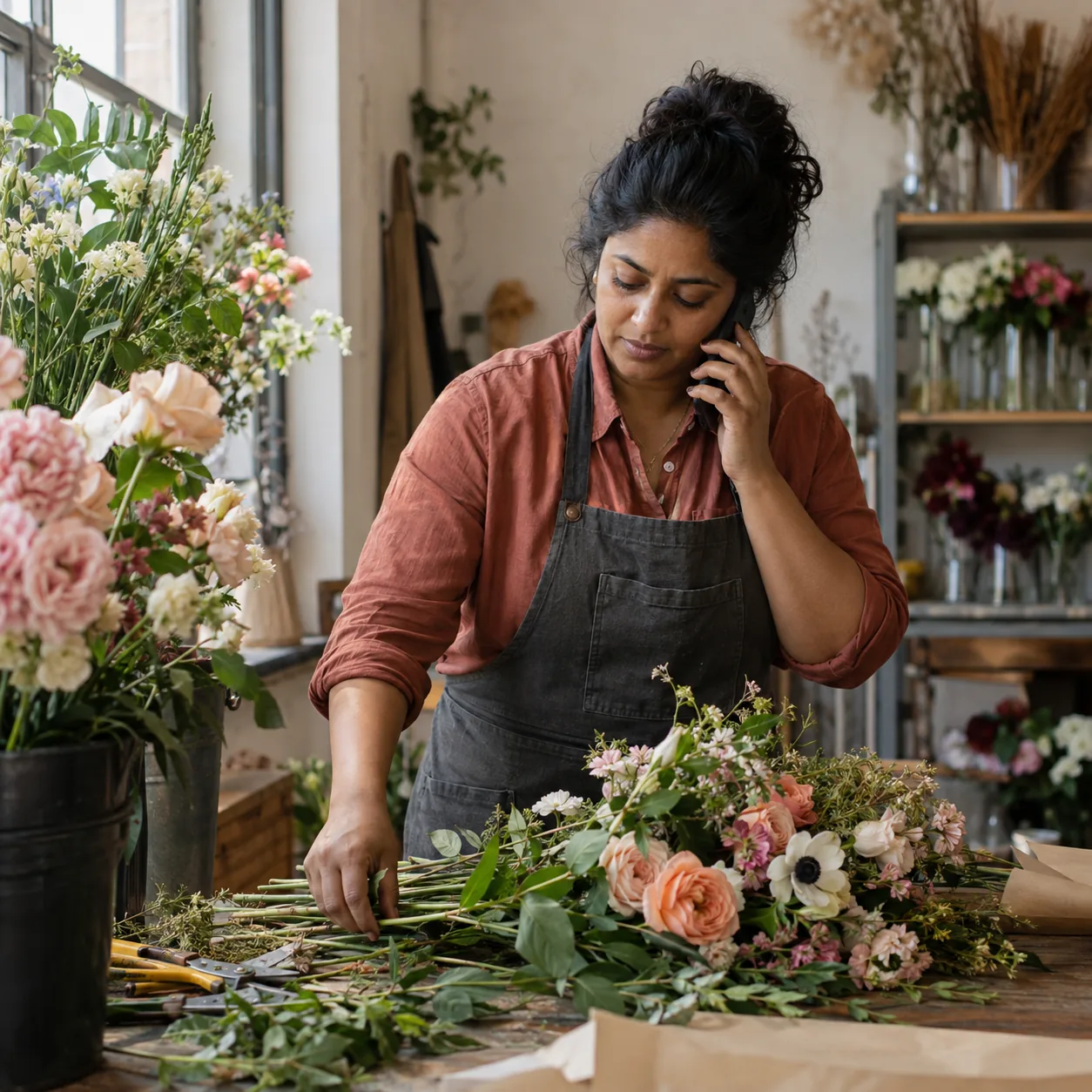 A florist takes a client call while arranging flowers at her workbench