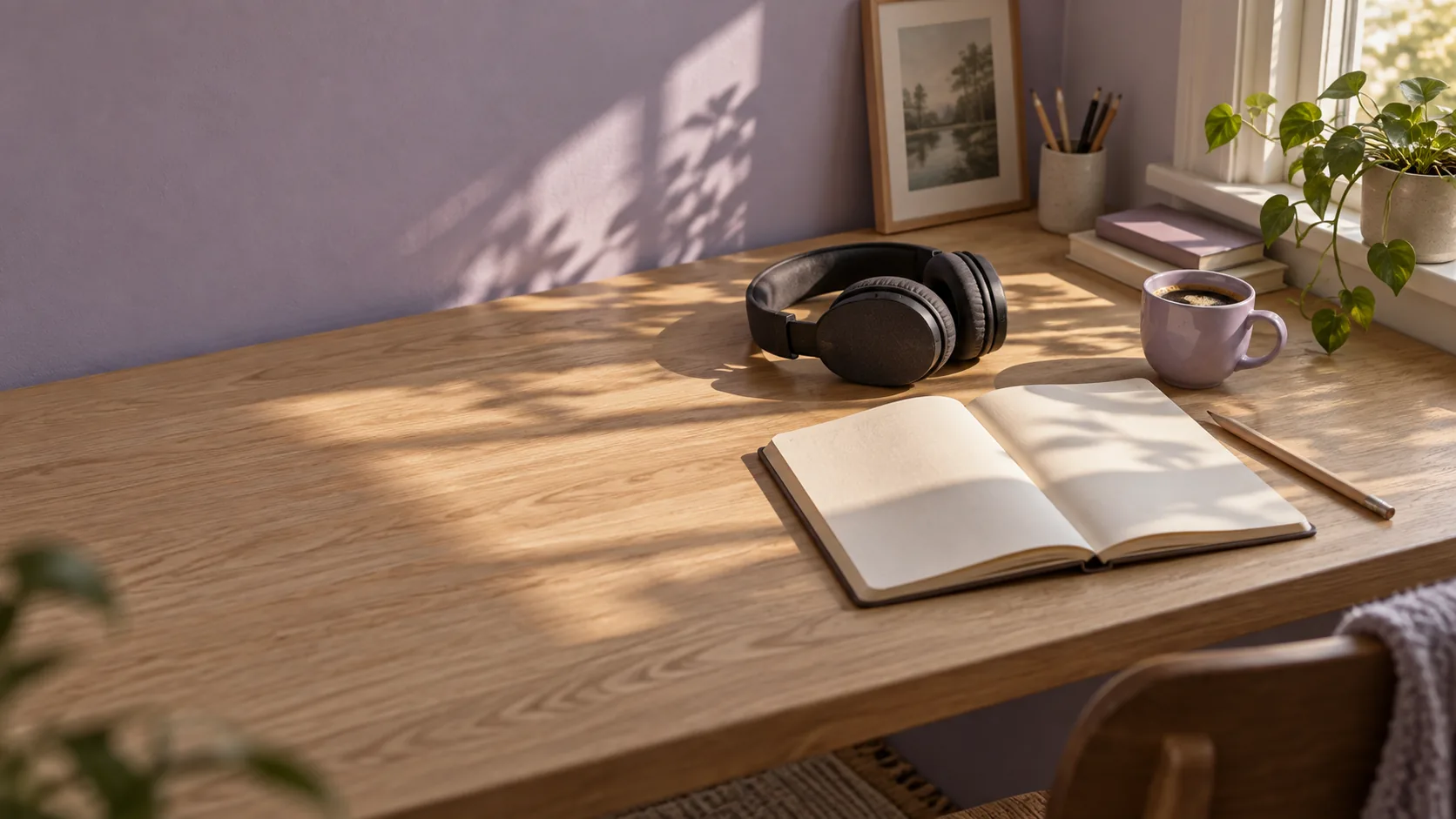 Headphones and an open notebook on a sunlit desk, ready for a short practice session
