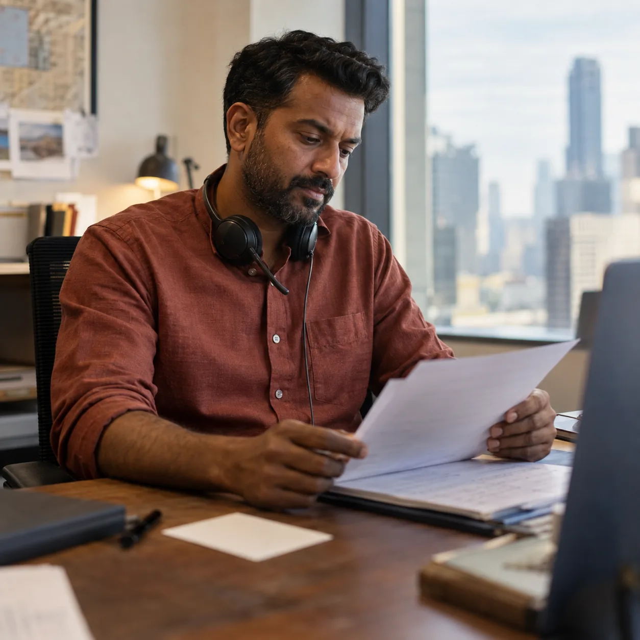 A rep reads his account notes before a call