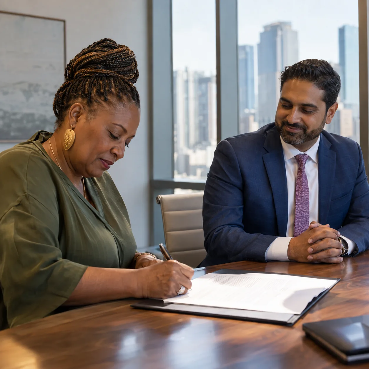 A client signs an agreement while the salesperson waits calmly