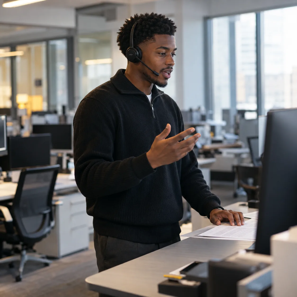 A sales rep with a headset speaks into a call at a standing desk