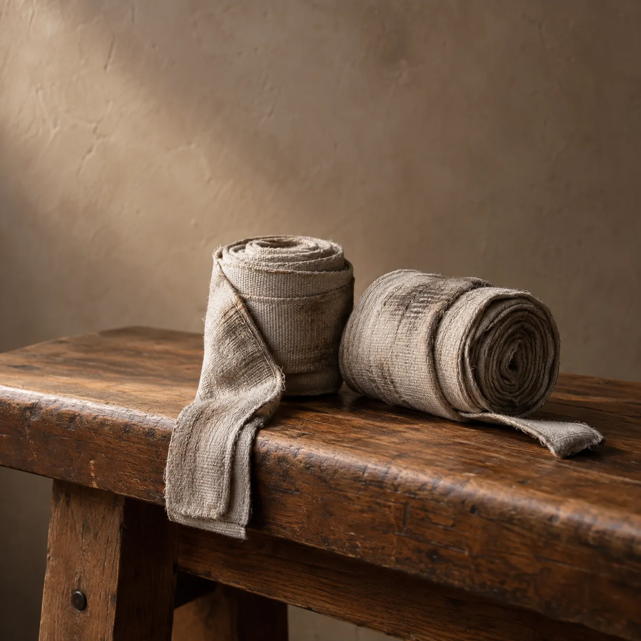 Rolled boxing hand wraps on a wooden bench