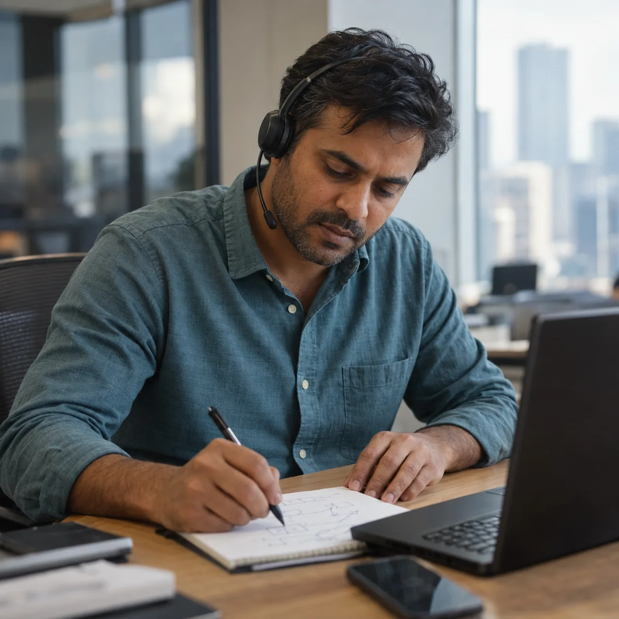 A rep on a headset sketches notes while listening on a call