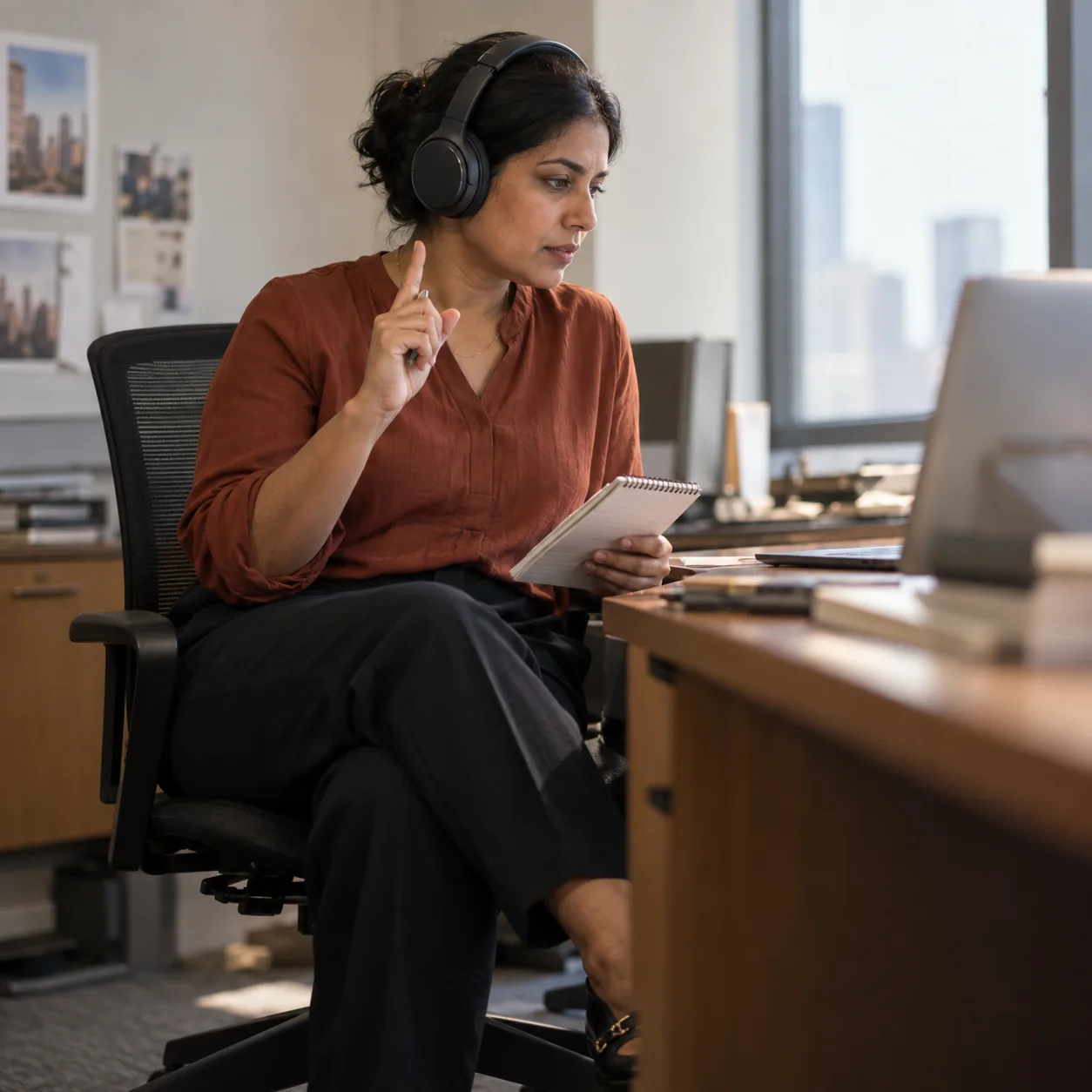 A woman pauses a call recording to make a note