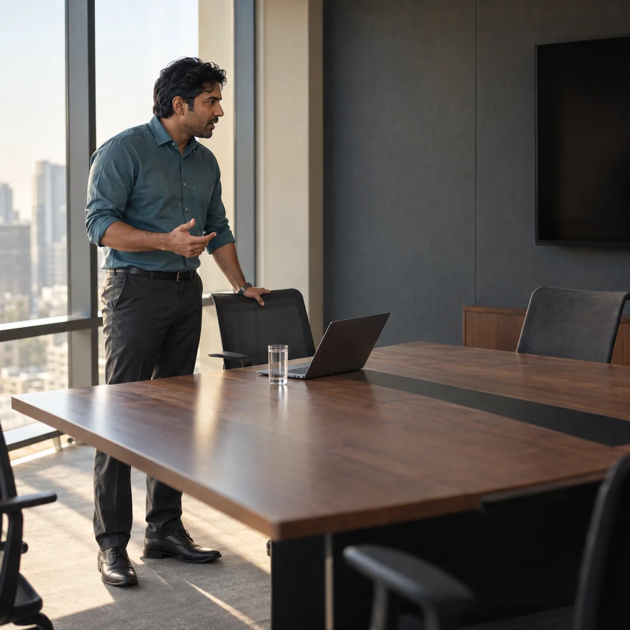 A salesperson rehearses aloud alone in an empty meeting room