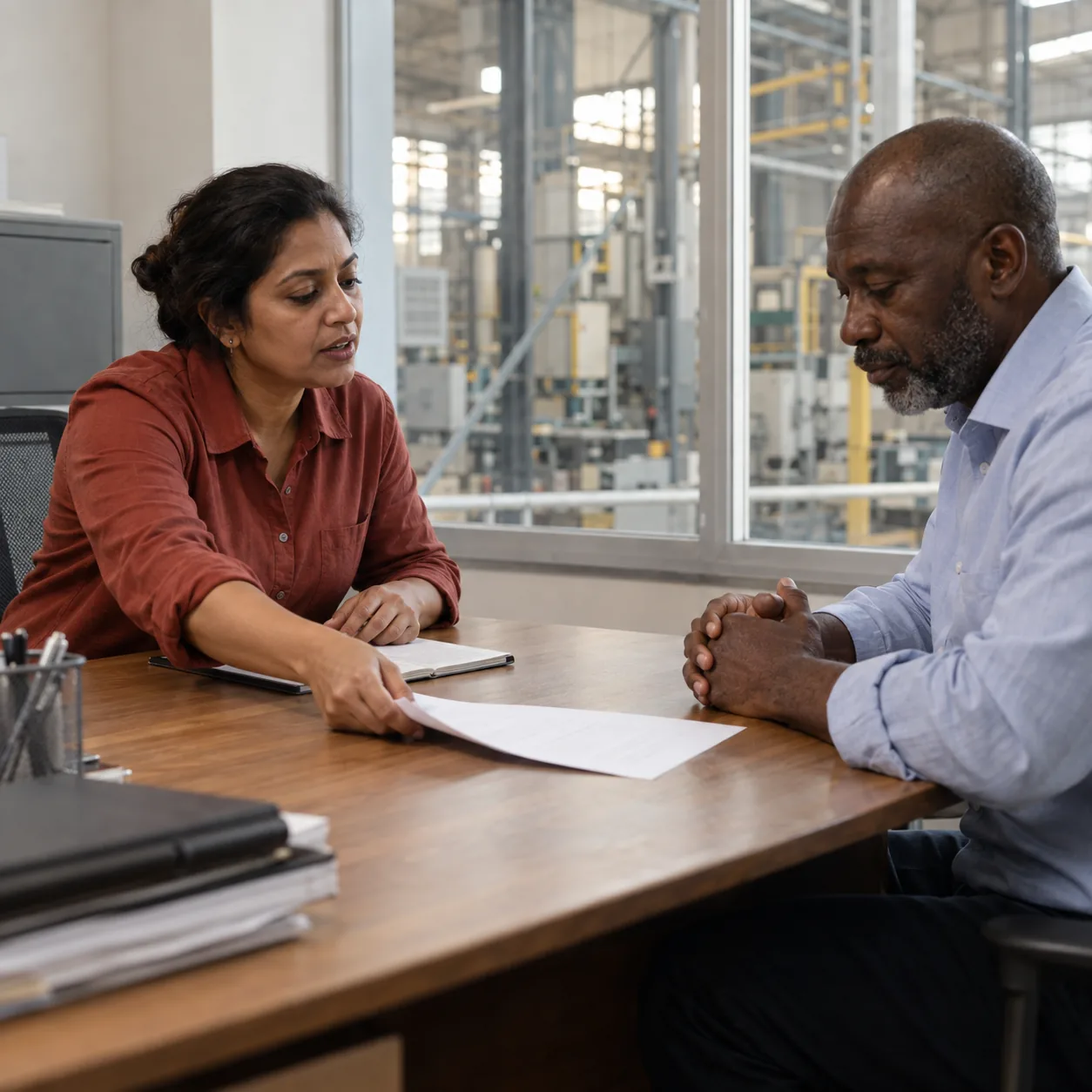 A buyer slides a paper back across the table as the seller considers it