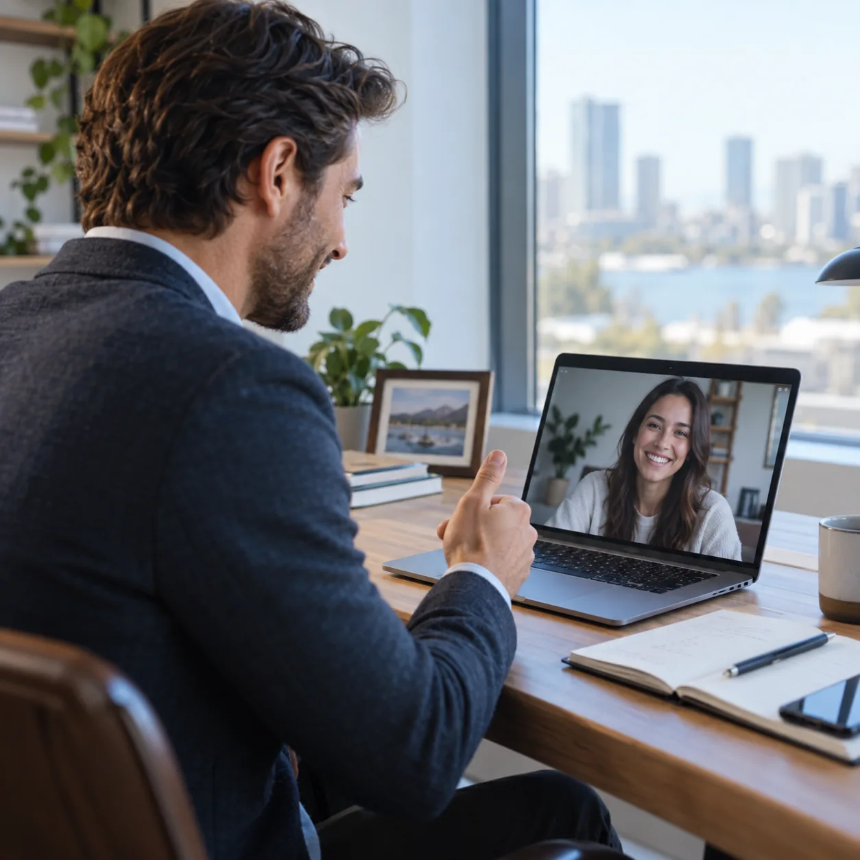 A closer speaking with a client on a laptop video call.