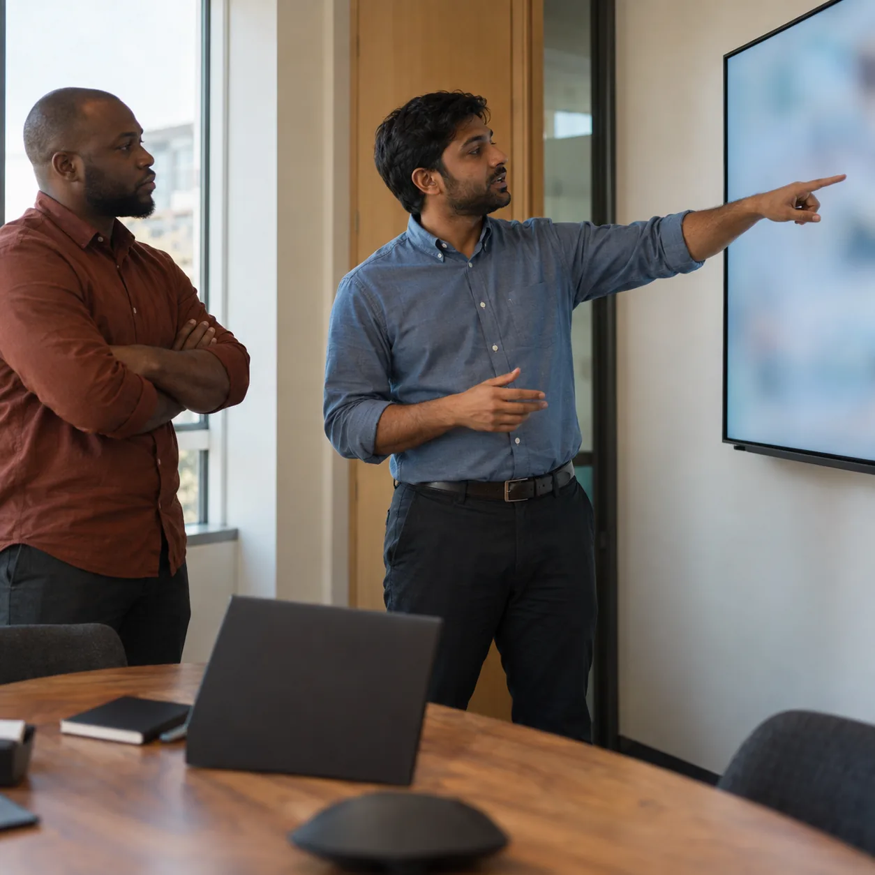 A sales engineer rehearses a demo at a wall screen while a colleague watches