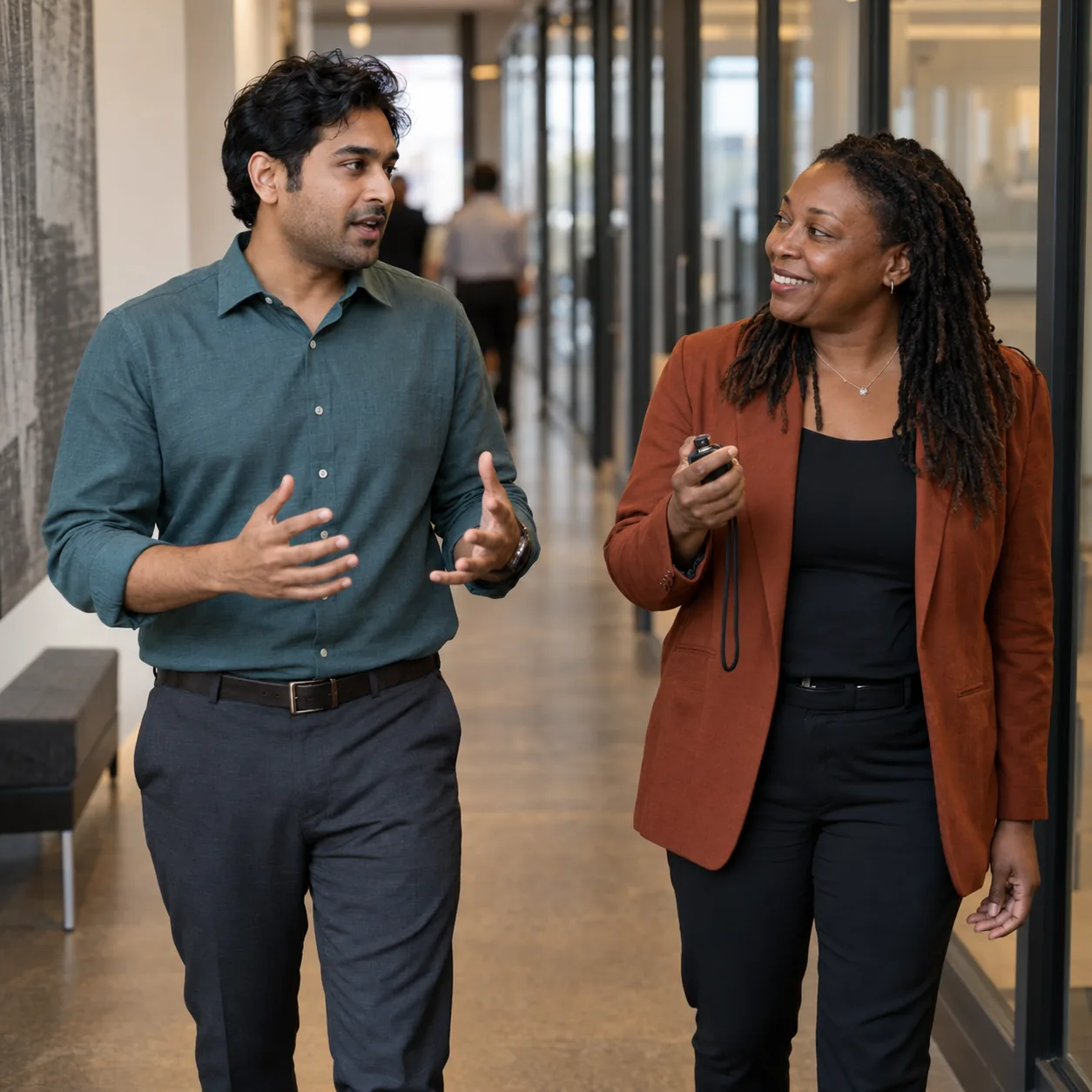 A founder rehearses his pitch while a colleague times him