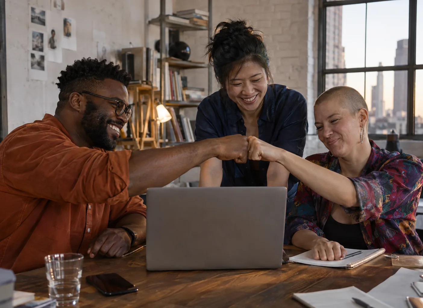 A small startup team bumps fists around a laptop