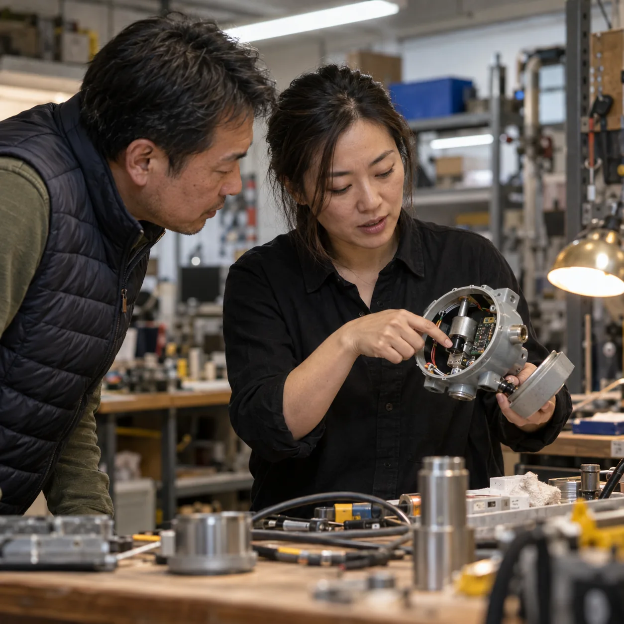 A founder shows a buyer the inside of an industrial sensor in her workshop