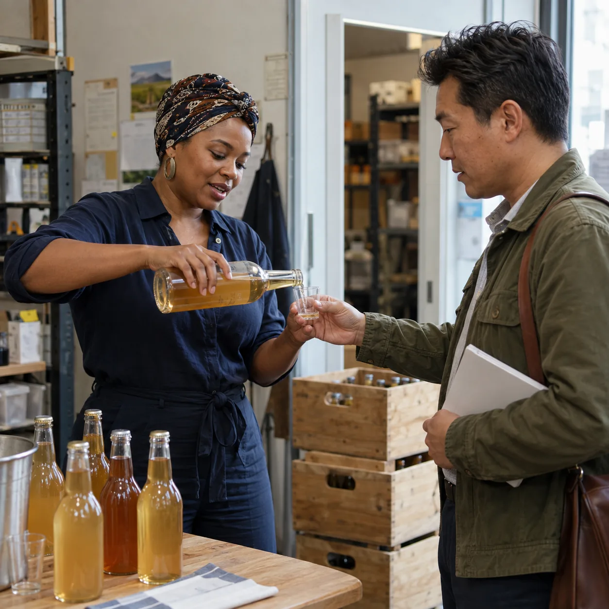 A cider maker pours a tasting sample for a grocery buyer