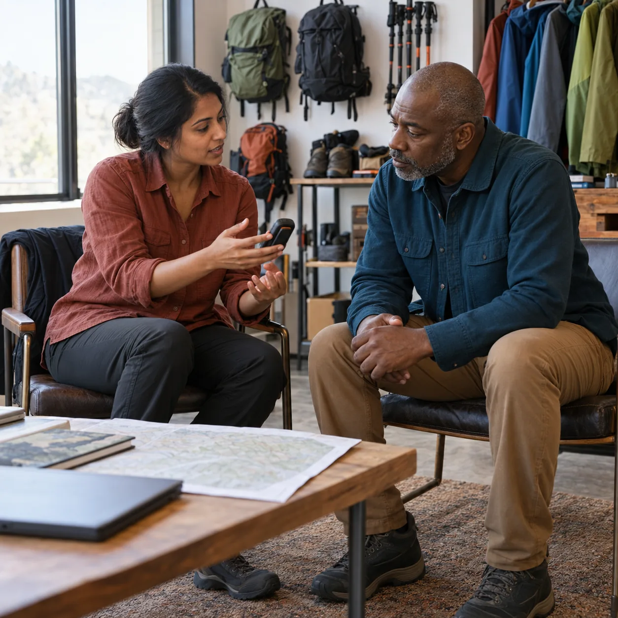 A founder shows a retail buyer a handheld navigation device